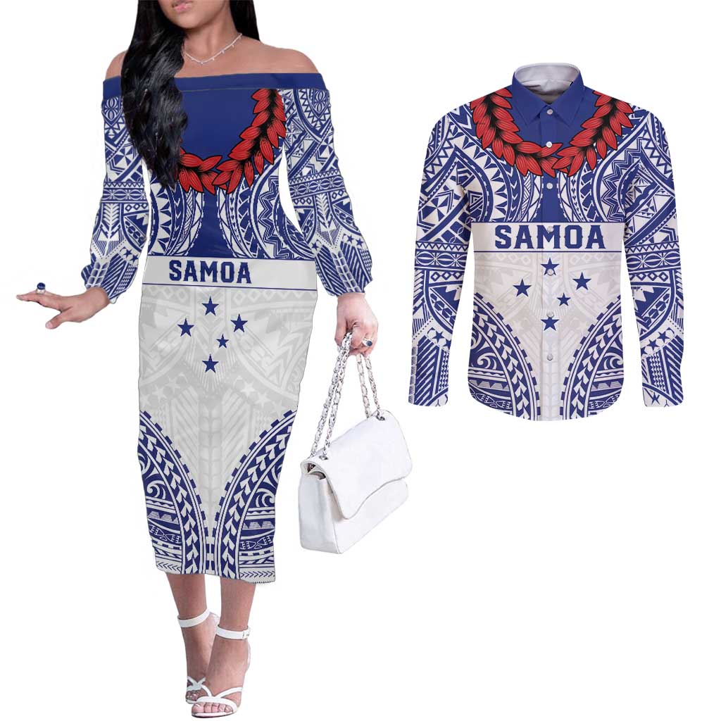 Personalised Toa Samoa Rugby Spirit Couples Matching Off The Shoulder Long Sleeve Dress and Long Sleeve Button Shirt White Samoan Tribal Pattern LT9 White - Polynesian Pride