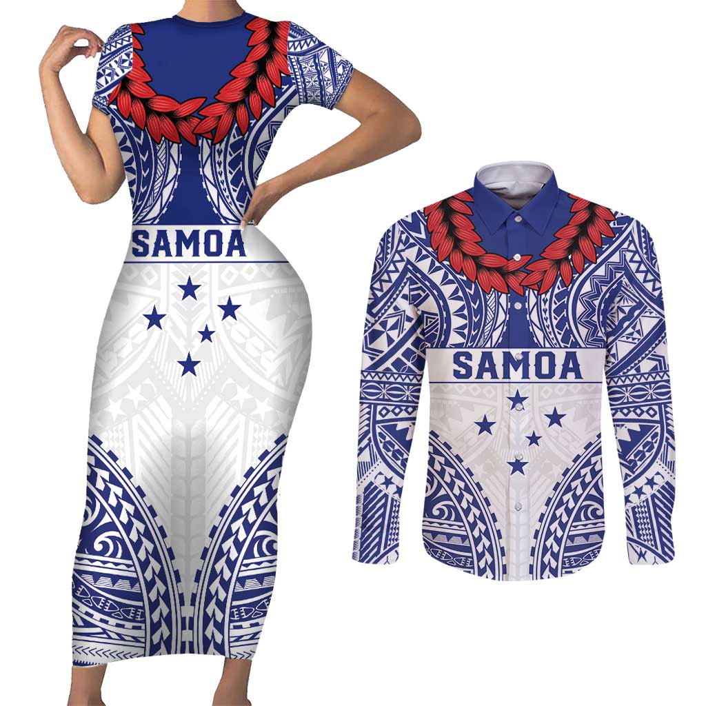 Personalised Toa Samoa Rugby Spirit Couples Matching Short Sleeve Bodycon Dress and Long Sleeve Button Shirt White Samoan Tribal Pattern LT9 White - Polynesian Pride