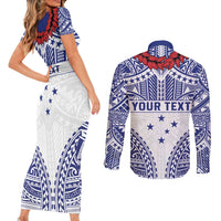 Personalised Toa Samoa Rugby Spirit Couples Matching Short Sleeve Bodycon Dress and Long Sleeve Button Shirt White Samoan Tribal Pattern LT9 - Polynesian Pride