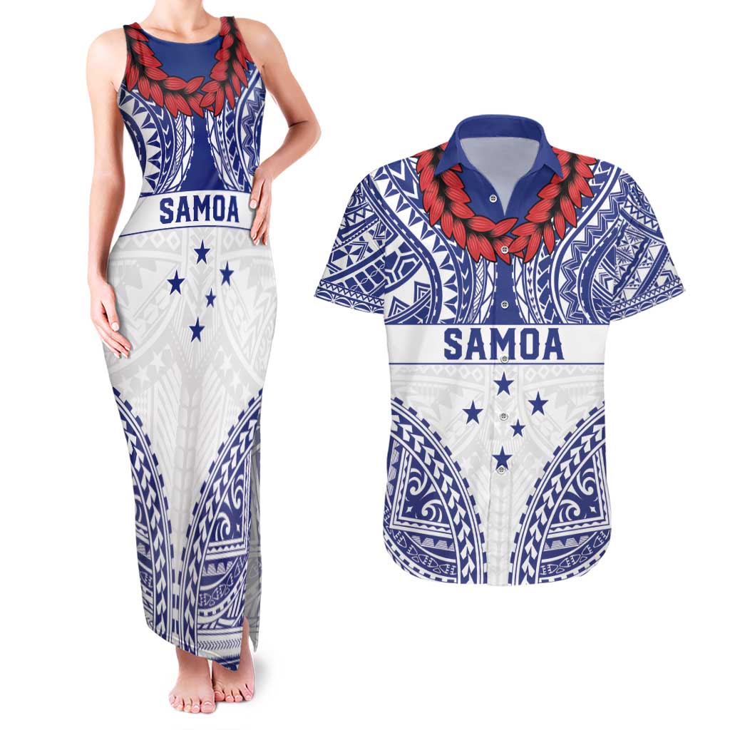 Personalised Toa Samoa Rugby Spirit Couples Matching Tank Maxi Dress and Hawaiian Shirt White Samoan Tribal Pattern LT9 White - Polynesian Pride