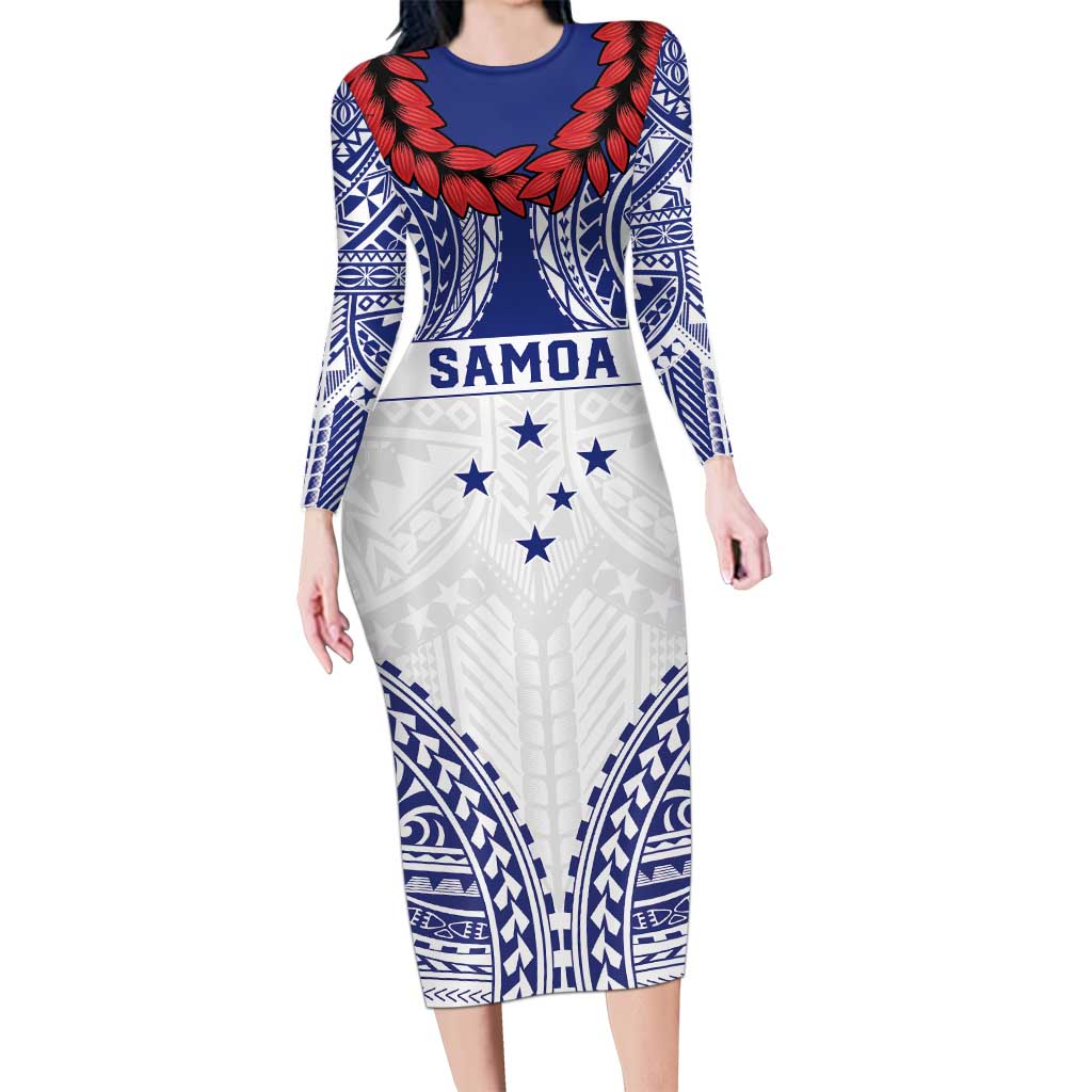 Personalised Toa Samoa Rugby Spirit Family Matching Long Sleeve Bodycon Dress and Hawaiian Shirt White Samoan Tribal Pattern LT9 Mom's Dress White - Polynesian Pride