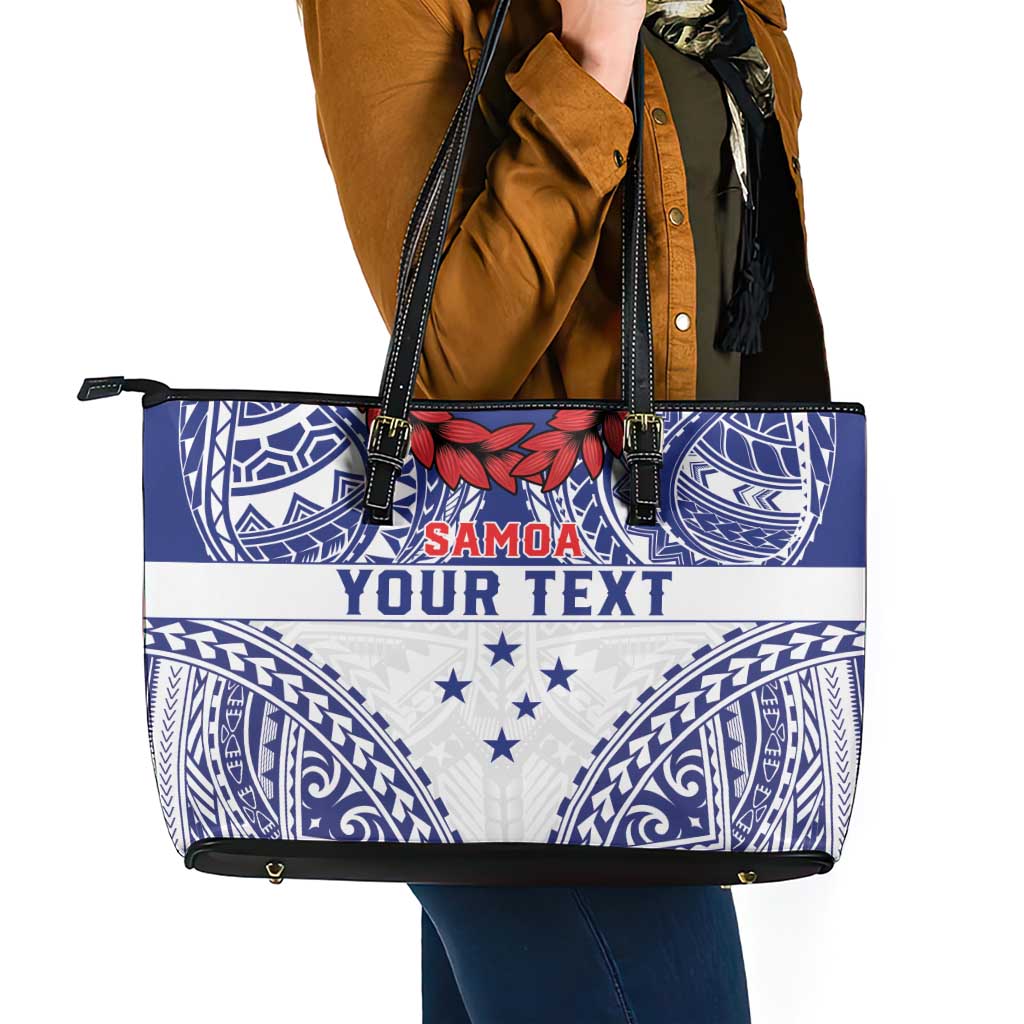 Personalised Toa Samoa Rugby Spirit Leather Tote Bag White Samoan Tribal Pattern - Polynesian Pride