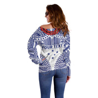 Personalised Toa Samoa Rugby Spirit Off Shoulder Sweater White Samoan Tribal Pattern - Polynesian Pride