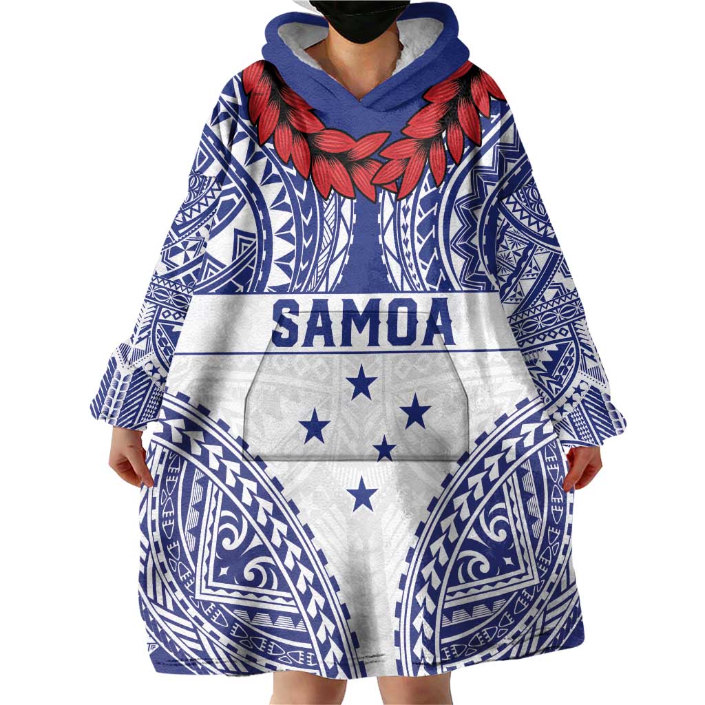 Personalised Toa Samoa Rugby Spirit Wearable Blanket Hoodie White Samoan Tribal Pattern - Polynesian Pride
