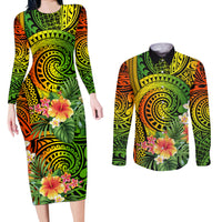 Polynesia Couples Matching Long Sleeve Bodycon Dress and Long Sleeve Button Shirt Pasifika Tribal with Tropical Flowers LT9 Reggae - Polynesian Pride