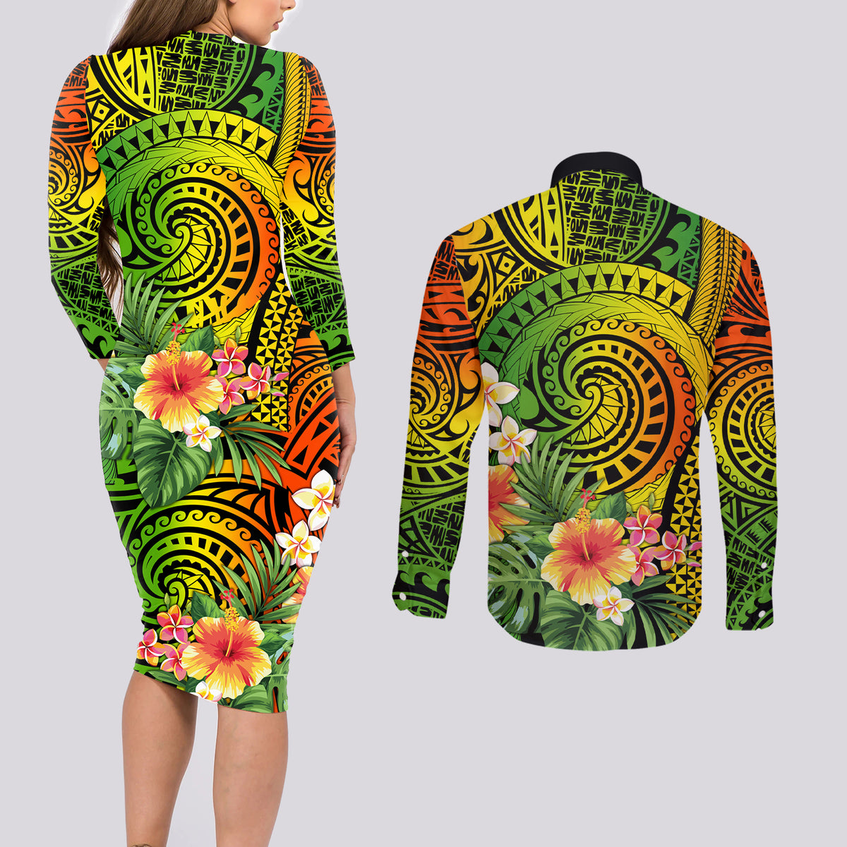 Polynesia Couples Matching Long Sleeve Bodycon Dress and Long Sleeve Button Shirt Pasifika Tribal with Tropical Flowers LT9 - Polynesian Pride