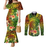 Polynesia Couples Matching Mermaid Dress and Long Sleeve Button Shirt Pasifika Tribal with Tropical Flowers LT9 Reggae - Polynesian Pride