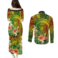 Polynesia Couples Matching Puletasi Dress and Long Sleeve Button Shirt Pasifika Tribal with Tropical Flowers LT9 - Polynesian Pride