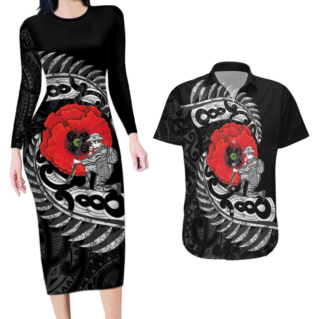 ANZAC Day Aotearoa Silver Fern Maori Personalised Couples Matching Long Sleeve Bodycon Dress and Hawaiian Shirt LT9 Black - Polynesian Pride
