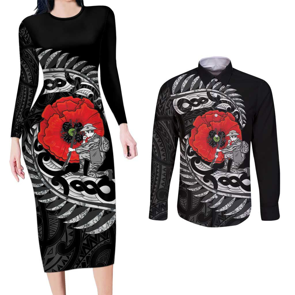 ANZAC Day Aotearoa Silver Fern Maori Personalised Couples Matching Long Sleeve Bodycon Dress and Long Sleeve Button Shirt LT9 Black - Polynesian Pride