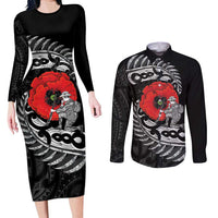 ANZAC Day Aotearoa Silver Fern Maori Personalised Couples Matching Long Sleeve Bodycon Dress and Long Sleeve Button Shirt LT9 Black - Polynesian Pride