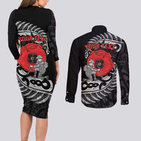 ANZAC Day Aotearoa Silver Fern Maori Personalised Couples Matching Long Sleeve Bodycon Dress and Long Sleeve Button Shirt LT9 - Polynesian Pride