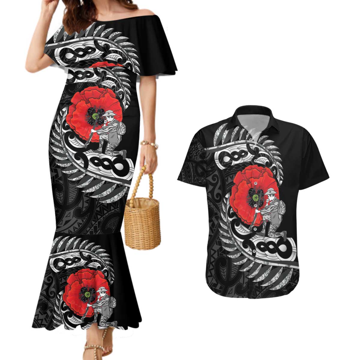 ANZAC Day Aotearoa Silver Fern Maori Personalised Couples Matching Mermaid Dress and Hawaiian Shirt LT9 Black - Polynesian Pride