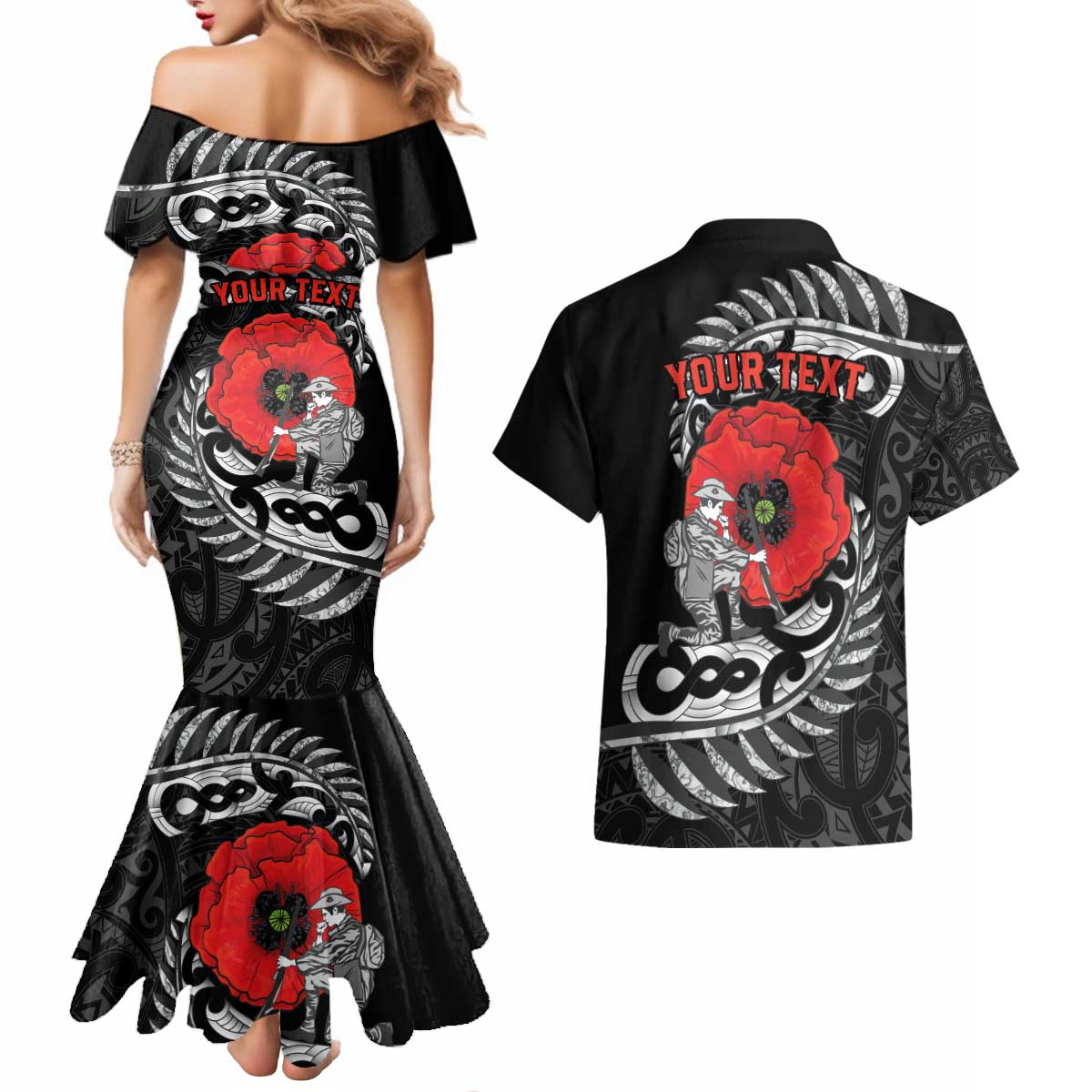 ANZAC Day Aotearoa Silver Fern Maori Personalised Couples Matching Mermaid Dress and Hawaiian Shirt LT9 - Polynesian Pride