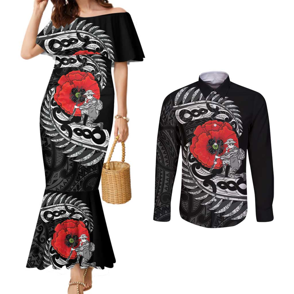 ANZAC Day Aotearoa Silver Fern Maori Personalised Couples Matching Mermaid Dress and Long Sleeve Button Shirt LT9 Black - Polynesian Pride