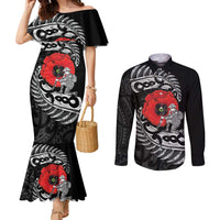 ANZAC Day Aotearoa Silver Fern Maori Personalised Couples Matching Mermaid Dress and Long Sleeve Button Shirt LT9 Black - Polynesian Pride