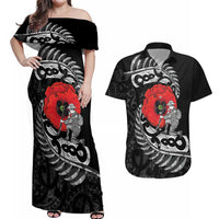 ANZAC Day Aotearoa Silver Fern Maori Personalised Couples Matching Off Shoulder Maxi Dress and Hawaiian Shirt LT9 Black - Polynesian Pride