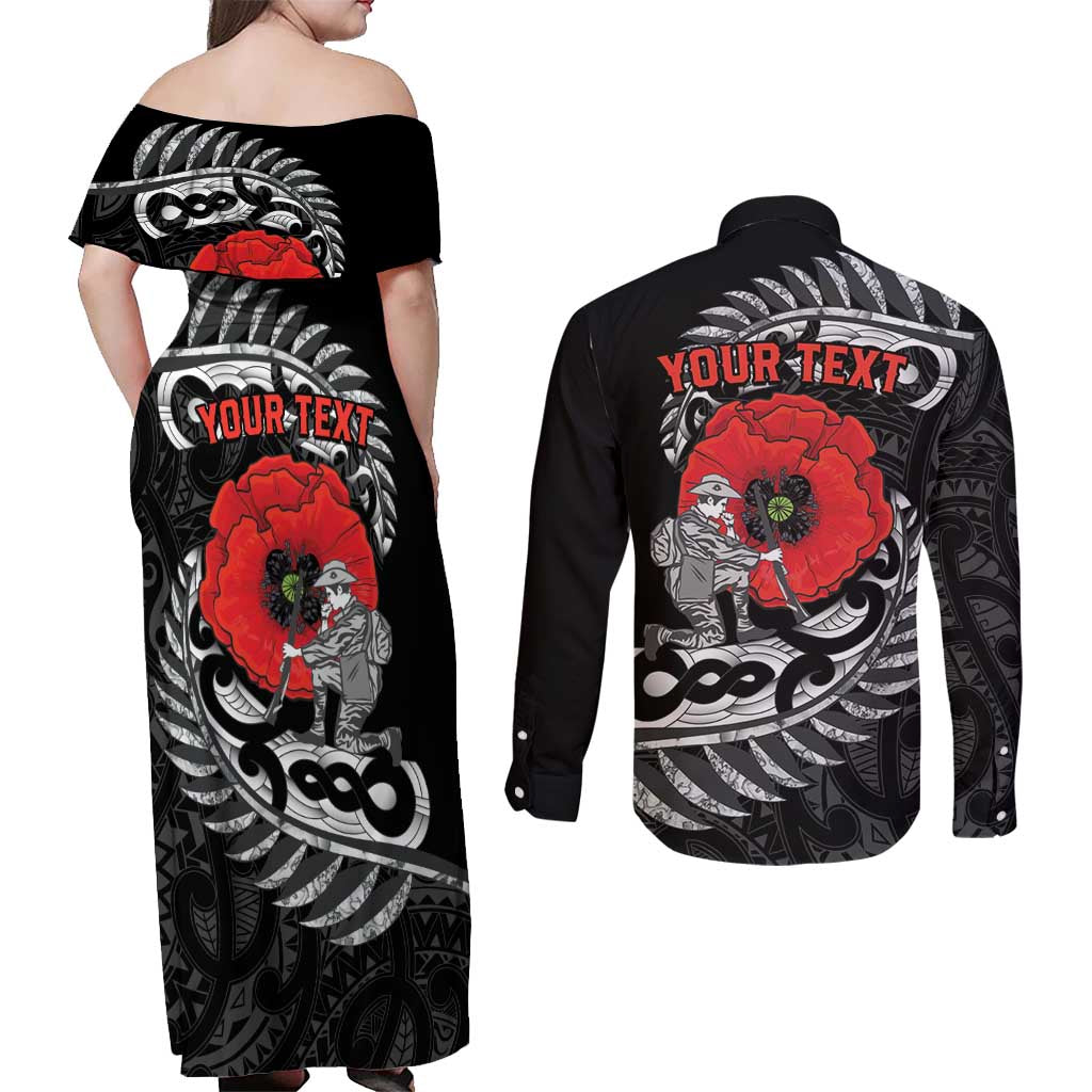 ANZAC Day Aotearoa Silver Fern Maori Personalised Couples Matching Off Shoulder Maxi Dress and Long Sleeve Button Shirt LT9 - Polynesian Pride