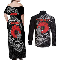 ANZAC Day Aotearoa Silver Fern Maori Personalised Couples Matching Off Shoulder Maxi Dress and Long Sleeve Button Shirt LT9 - Polynesian Pride
