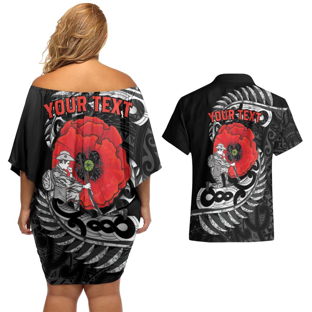 ANZAC Day Aotearoa Silver Fern Maori Personalised Couples Matching Off Shoulder Short Dress and Hawaiian Shirt LT9 - Polynesian Pride