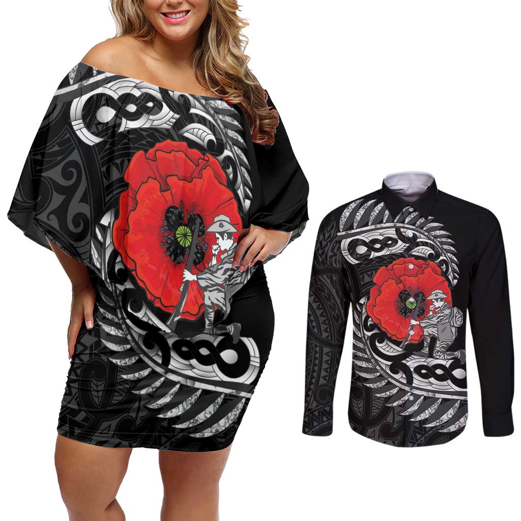 ANZAC Day Aotearoa Silver Fern Maori Personalised Couples Matching Off Shoulder Short Dress and Long Sleeve Button Shirt LT9 Black - Polynesian Pride