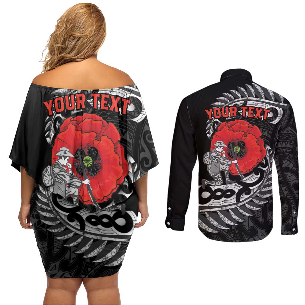 ANZAC Day Aotearoa Silver Fern Maori Personalised Couples Matching Off Shoulder Short Dress and Long Sleeve Button Shirt LT9 - Polynesian Pride