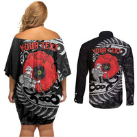 ANZAC Day Aotearoa Silver Fern Maori Personalised Couples Matching Off Shoulder Short Dress and Long Sleeve Button Shirt LT9 - Polynesian Pride