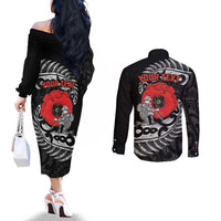 ANZAC Day Aotearoa Silver Fern Maori Personalised Couples Matching Off The Shoulder Long Sleeve Dress and Long Sleeve Button Shirt LT9 - Polynesian Pride
