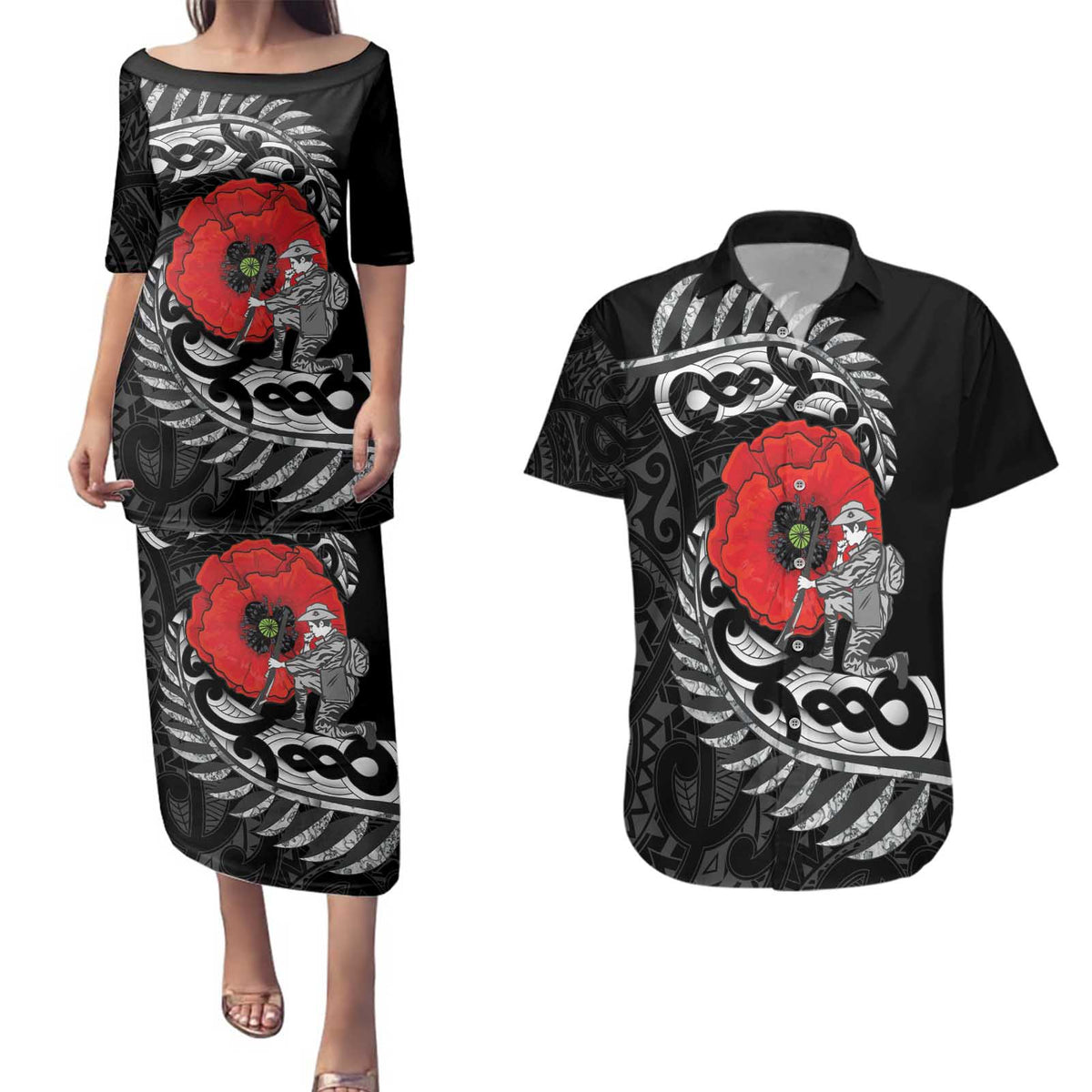 ANZAC Day Aotearoa Silver Fern Maori Personalised Couples Matching Puletasi and Hawaiian Shirt LT9 Black - Polynesian Pride