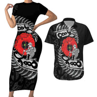 ANZAC Day Aotearoa Silver Fern Maori Personalised Couples Matching Short Sleeve Bodycon Dress and Hawaiian Shirt LT9 Black - Polynesian Pride
