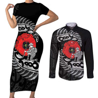 ANZAC Day Aotearoa Silver Fern Maori Personalised Couples Matching Short Sleeve Bodycon Dress and Long Sleeve Button Shirt LT9 Black - Polynesian Pride