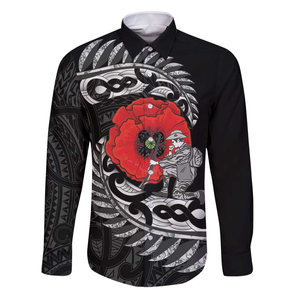 ANZAC Day Aotearoa Silver Fern Maori Personalised Family Matching Long Sleeve Bodycon Dress and Hawaiian Shirt LT9 Dad's Shirt - Long Sleeve Black - Polynesian Pride