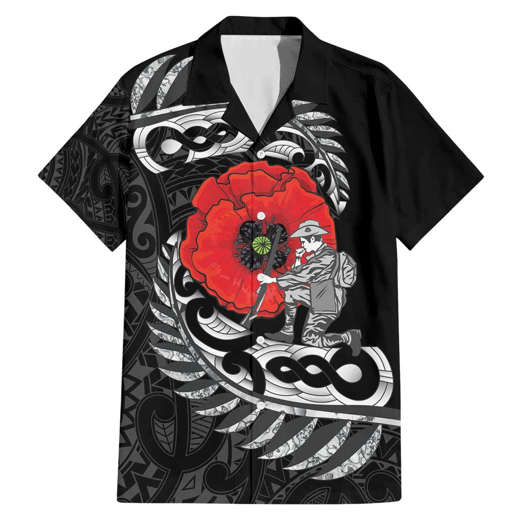 ANZAC Day Aotearoa Silver Fern Maori Personalised Family Matching Mermaid Dress and Hawaiian Shirt LT9 Dad's Shirt - Short Sleeve Black - Polynesian Pride