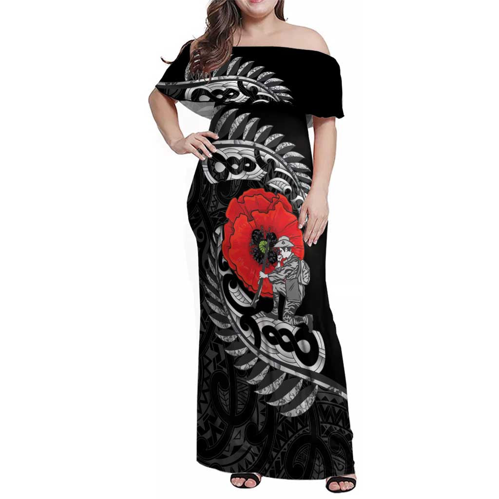 ANZAC Day Aotearoa Silver Fern Maori Personalised Family Matching Off Shoulder Maxi Dress and Hawaiian Shirt LT9 Mom's Dress Black - Polynesian Pride