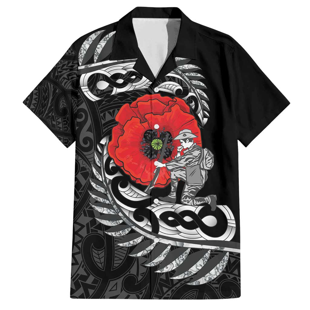 ANZAC Day Aotearoa Silver Fern Maori Personalised Family Matching Puletasi and Hawaiian Shirt LT9 Dad's Shirt - Short Sleeve Black - Polynesian Pride