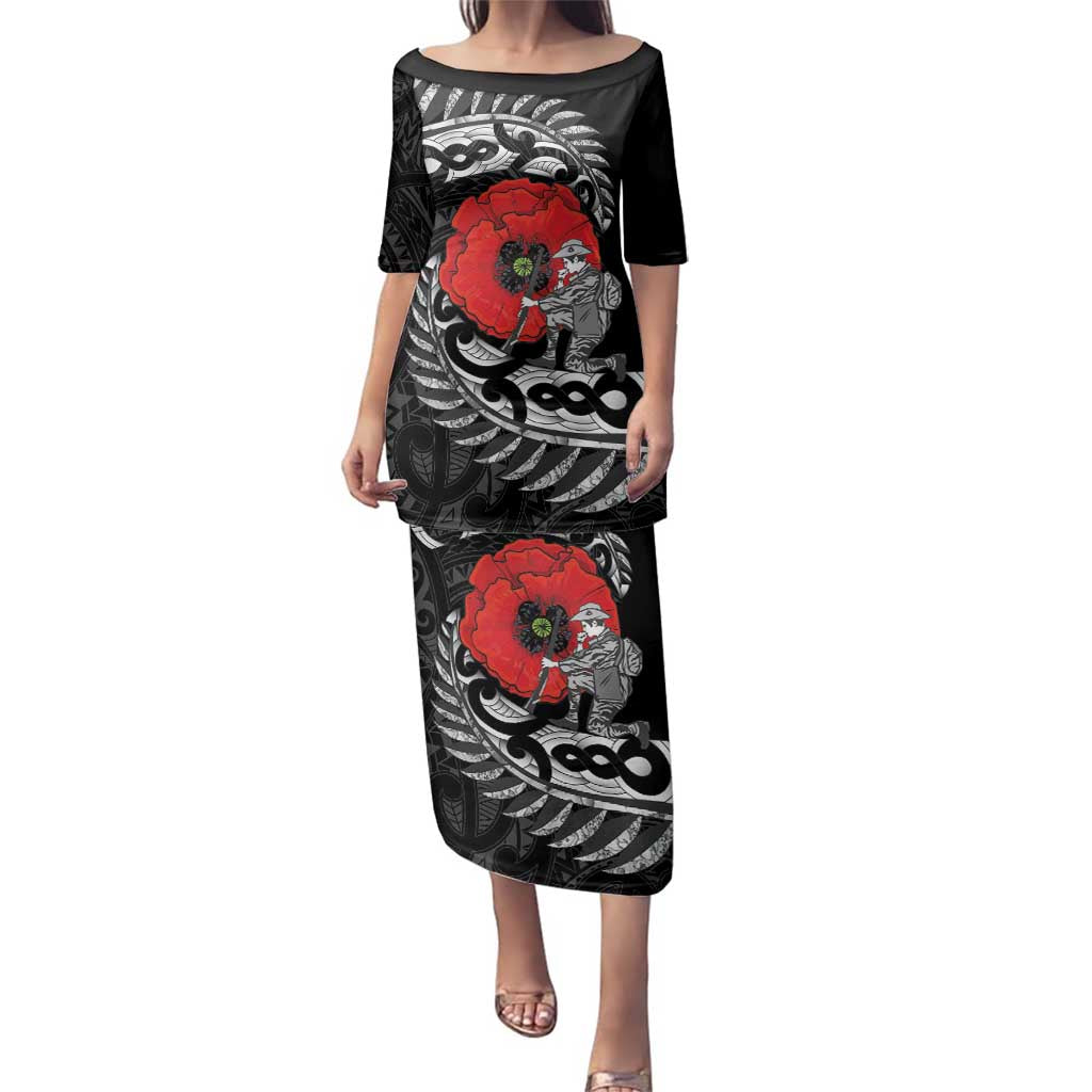 ANZAC Day Aotearoa Silver Fern Maori Personalised Family Matching Puletasi and Hawaiian Shirt LT9 Mom's Dress Black - Polynesian Pride