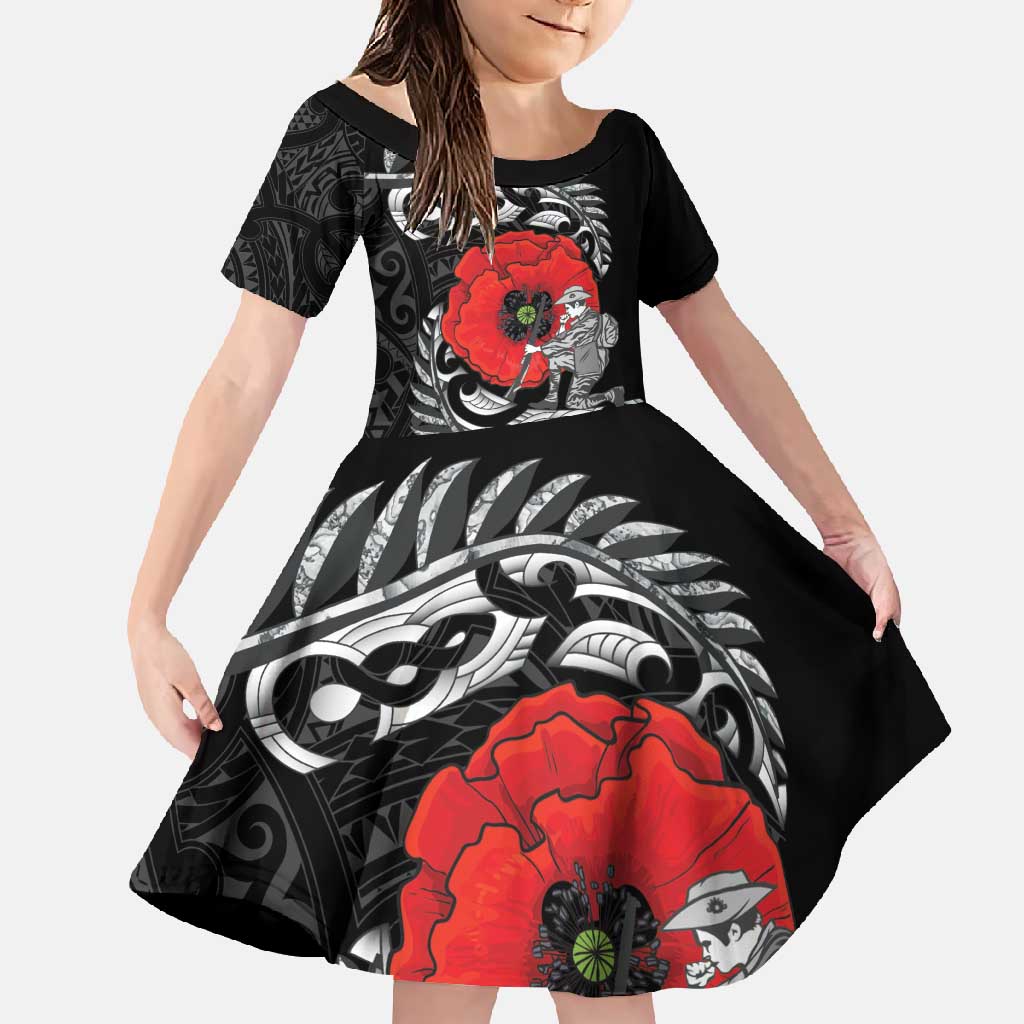 ANZAC Day Aotearoa Silver Fern Maori Personalised Family Matching Short Sleeve Bodycon Dress and Hawaiian Shirt LT9 Daughter's Dress Black - Polynesian Pride