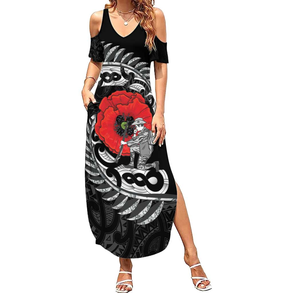 ANZAC Day Aotearoa Silver Fern Maori Personalised Family Matching Summer Maxi Dress and Hawaiian Shirt LT9 Mom's Dress Black - Polynesian Pride