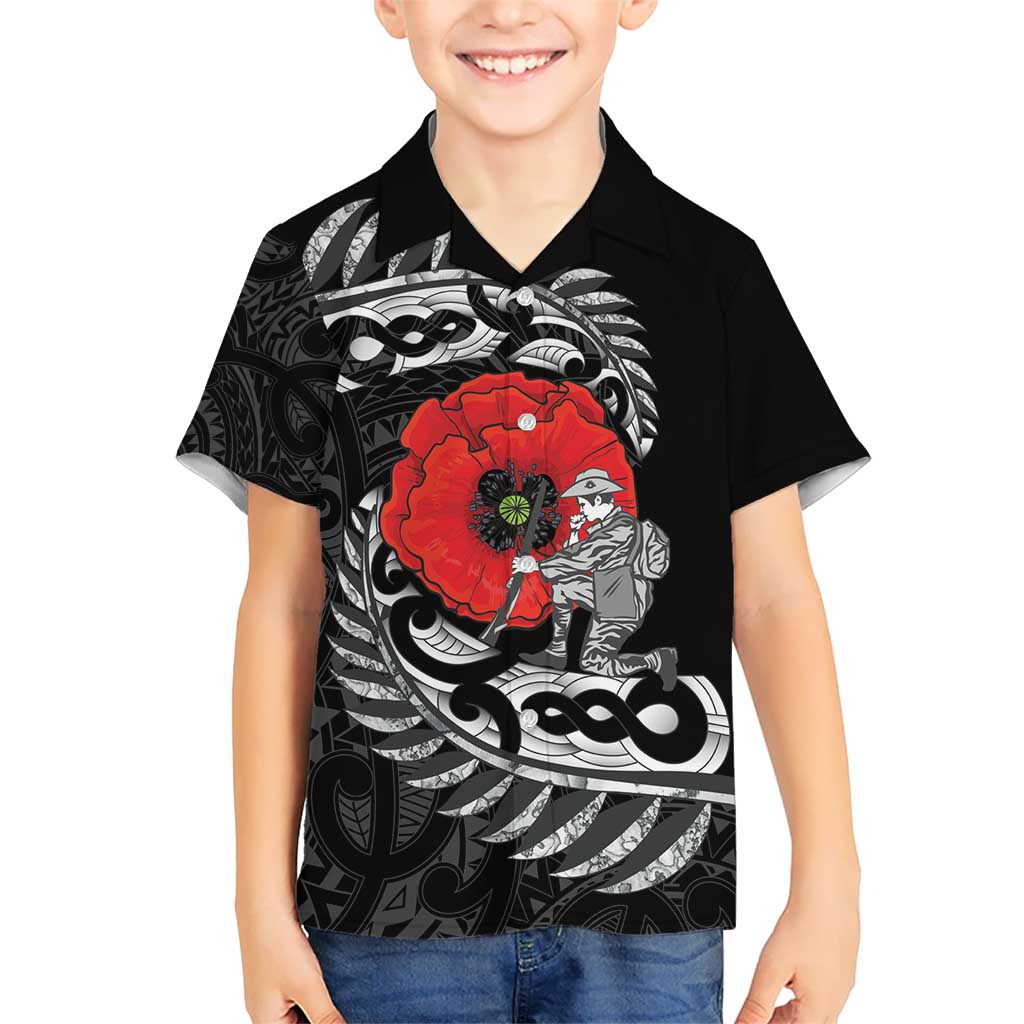 ANZAC Day Aotearoa Silver Fern Maori Personalised Kid Hawaiian Shirt LT9 Kid Black - Polynesian Pride