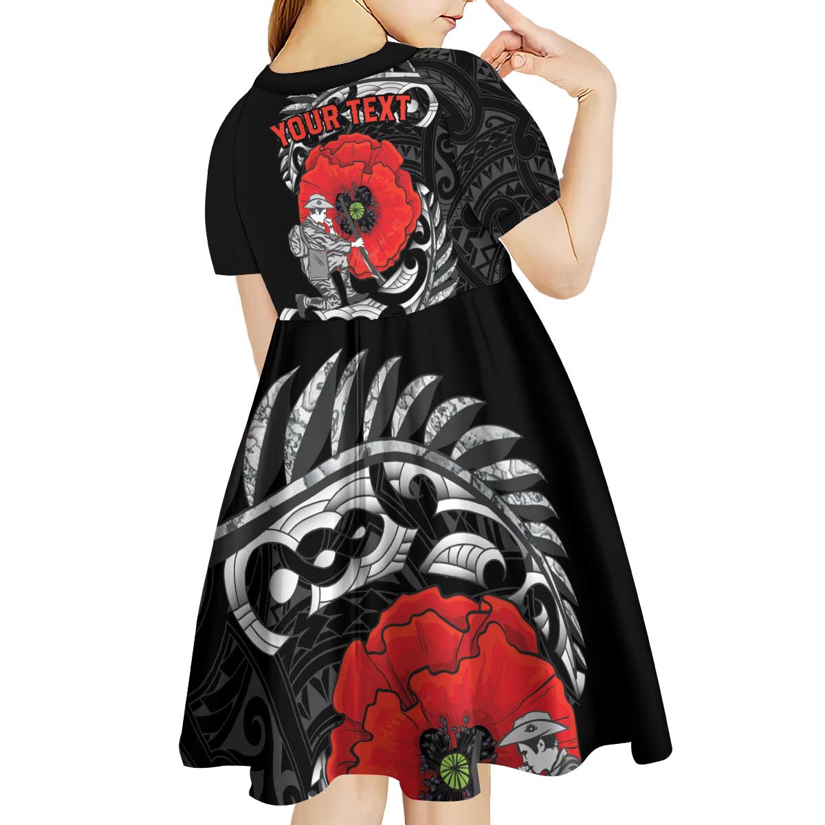 ANZAC Day Aotearoa Silver Fern Maori Personalised Kid Short Sleeve Dress
