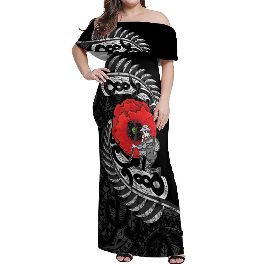 ANZAC Day Aotearoa Silver Fern Maori Personalised Off Shoulder Maxi Dress LT9 Women Black - Polynesian Pride