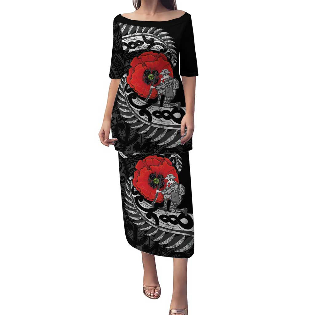 ANZAC Day Aotearoa Silver Fern Maori Personalised Puletasi LT9 Long Dress Black - Polynesian Pride