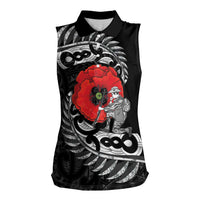 ANZAC Day Aotearoa Silver Fern Maori Personalised Women Sleeveless Polo Shirt LT9 Female Black - Polynesian Pride