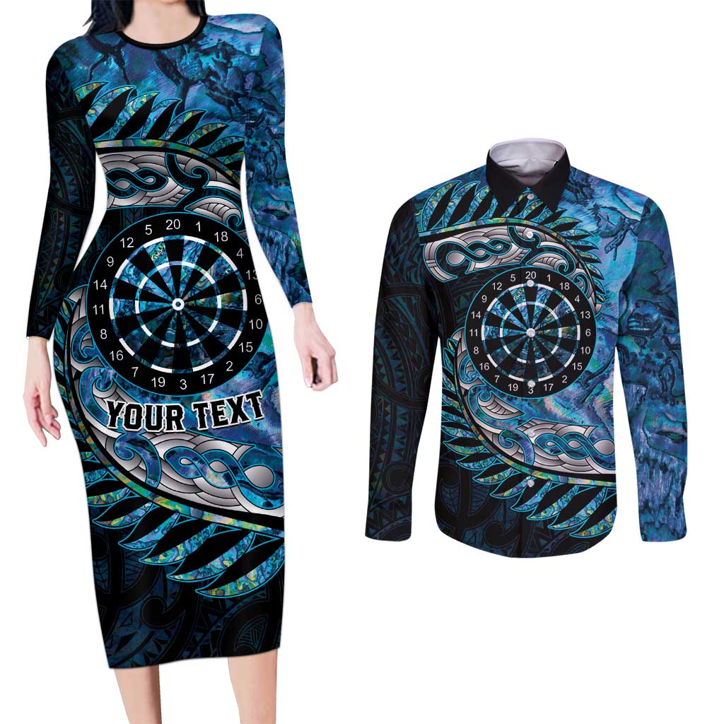 New Zealand Darts Personalised Couples Matching Long Sleeve Bodycon Dress and Long Sleeve Button Shirt Aotearoa Silver Fern Blue Papua Shell Spirit LT9 Blue - Polynesian Pride