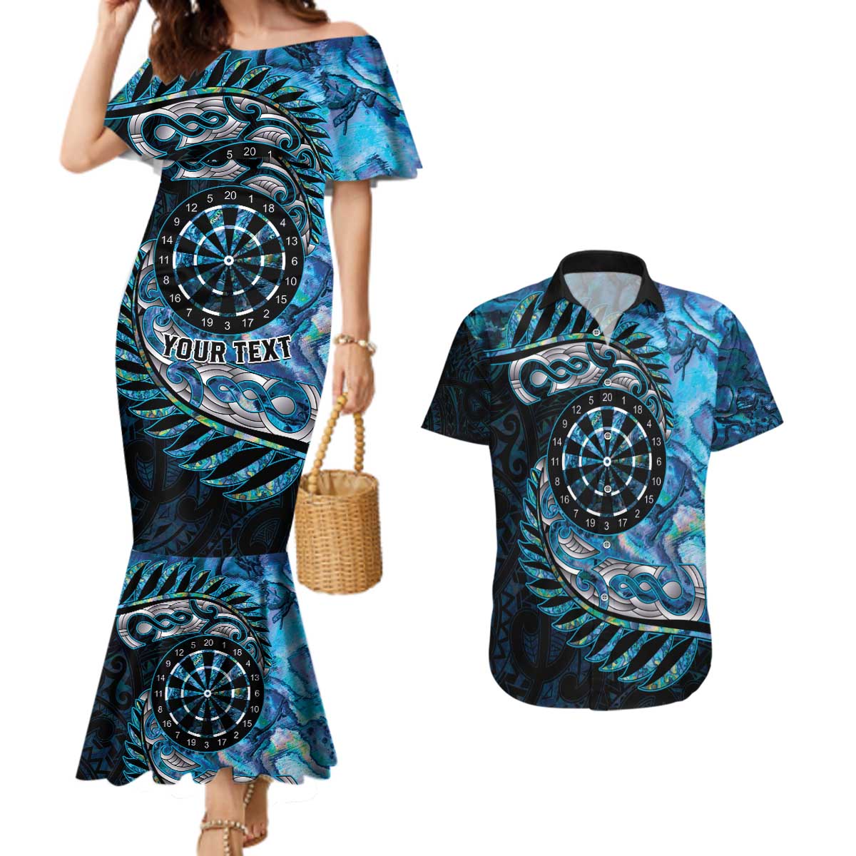 New Zealand Darts Personalised Couples Matching Mermaid Dress and Hawaiian Shirt Aotearoa Silver Fern Blue Papua Shell Spirit LT9 Blue - Polynesian Pride
