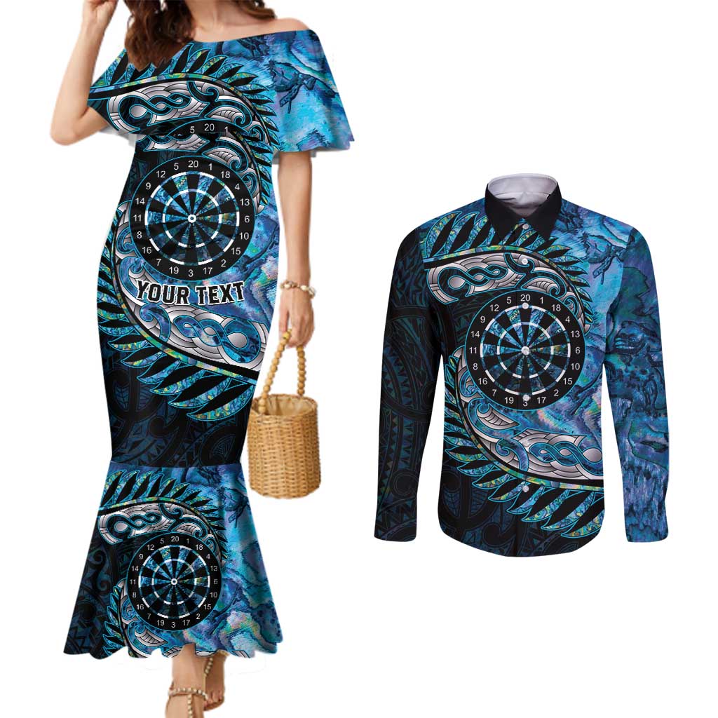New Zealand Darts Personalised Couples Matching Mermaid Dress and Long Sleeve Button Shirt Aotearoa Silver Fern Blue Papua Shell Spirit LT9 Blue - Polynesian Pride
