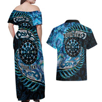 New Zealand Darts Personalised Couples Matching Off Shoulder Maxi Dress and Hawaiian Shirt Aotearoa Silver Fern Blue Papua Shell Spirit LT9 - Polynesian Pride