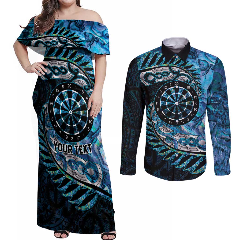 New Zealand Darts Personalised Couples Matching Off Shoulder Maxi Dress and Long Sleeve Button Shirt Aotearoa Silver Fern Blue Papua Shell Spirit LT9 Blue - Polynesian Pride