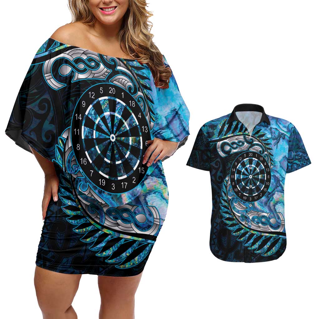 New Zealand Darts Personalised Couples Matching Off Shoulder Short Dress and Hawaiian Shirt Aotearoa Silver Fern Blue Papua Shell Spirit LT9 Blue - Polynesian Pride