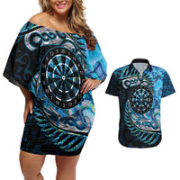 New Zealand Darts Personalised Couples Matching Off Shoulder Short Dress and Hawaiian Shirt Aotearoa Silver Fern Blue Papua Shell Spirit LT9 Blue - Polynesian Pride